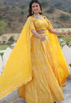 Embroidered Georgette Lehenga in Yellow