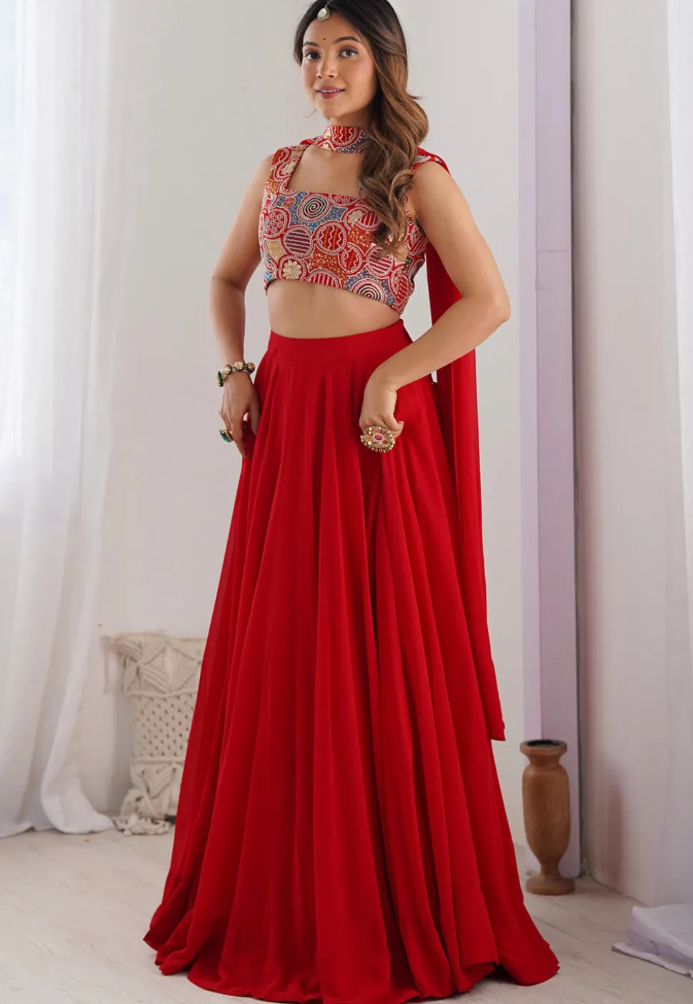 Embroidered Georgette Lehenga in Red