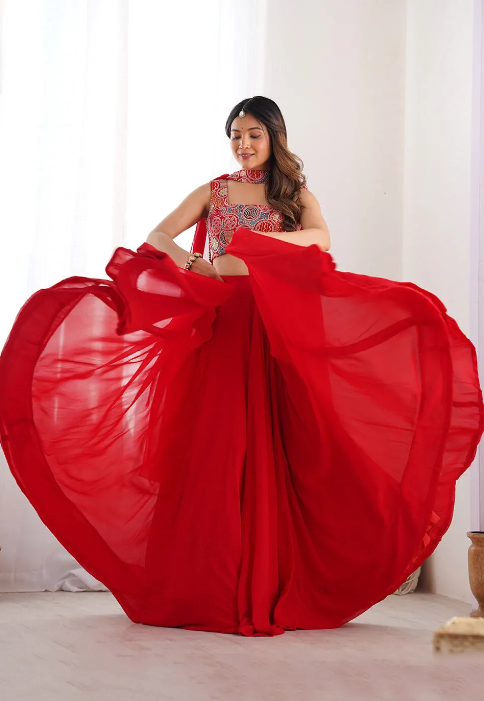 Embroidered Georgette Lehenga in Red