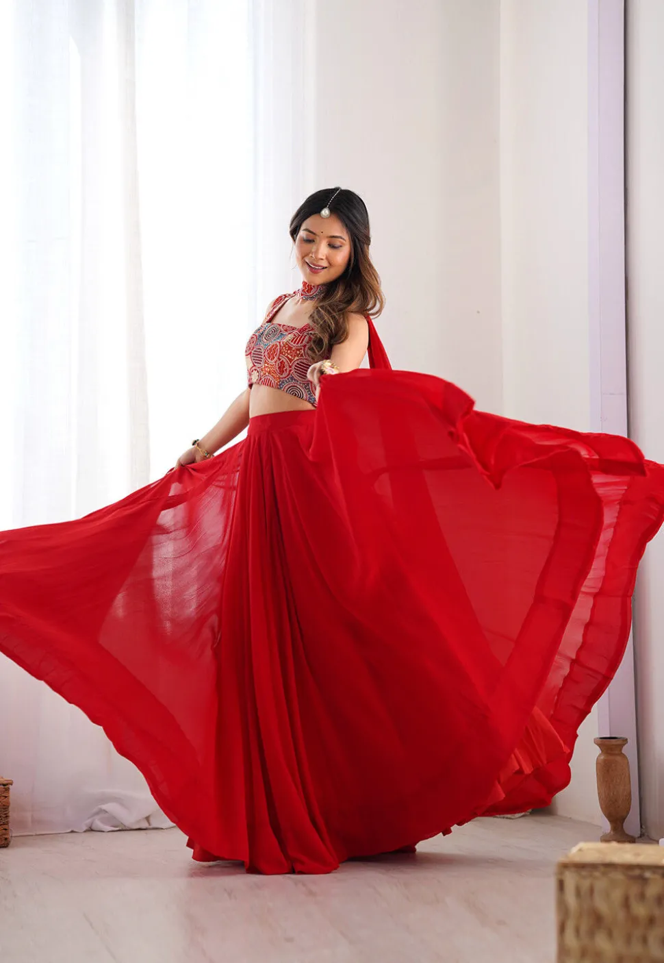 Embroidered Georgette Lehenga in Red