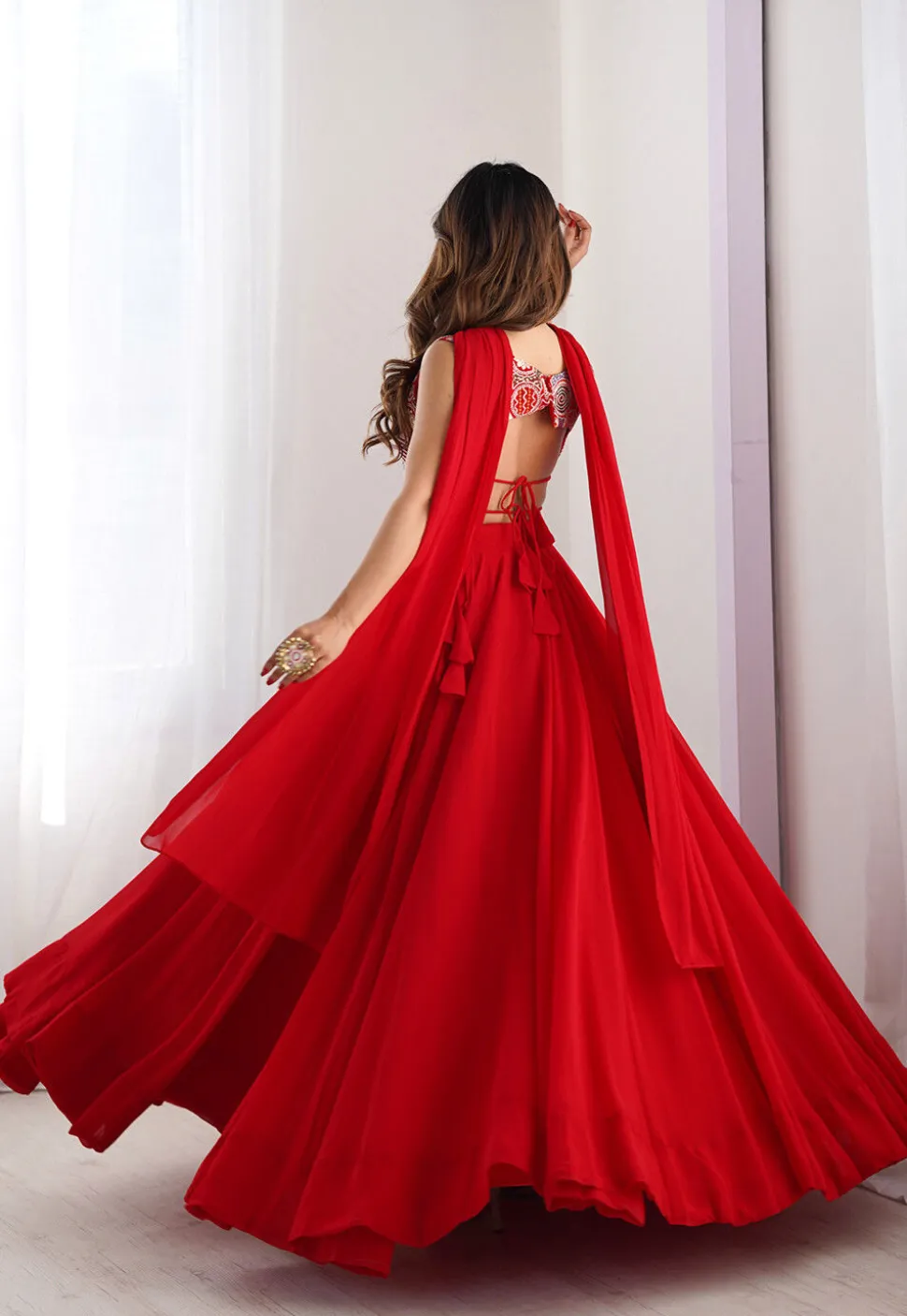 Embroidered Georgette Lehenga in Red