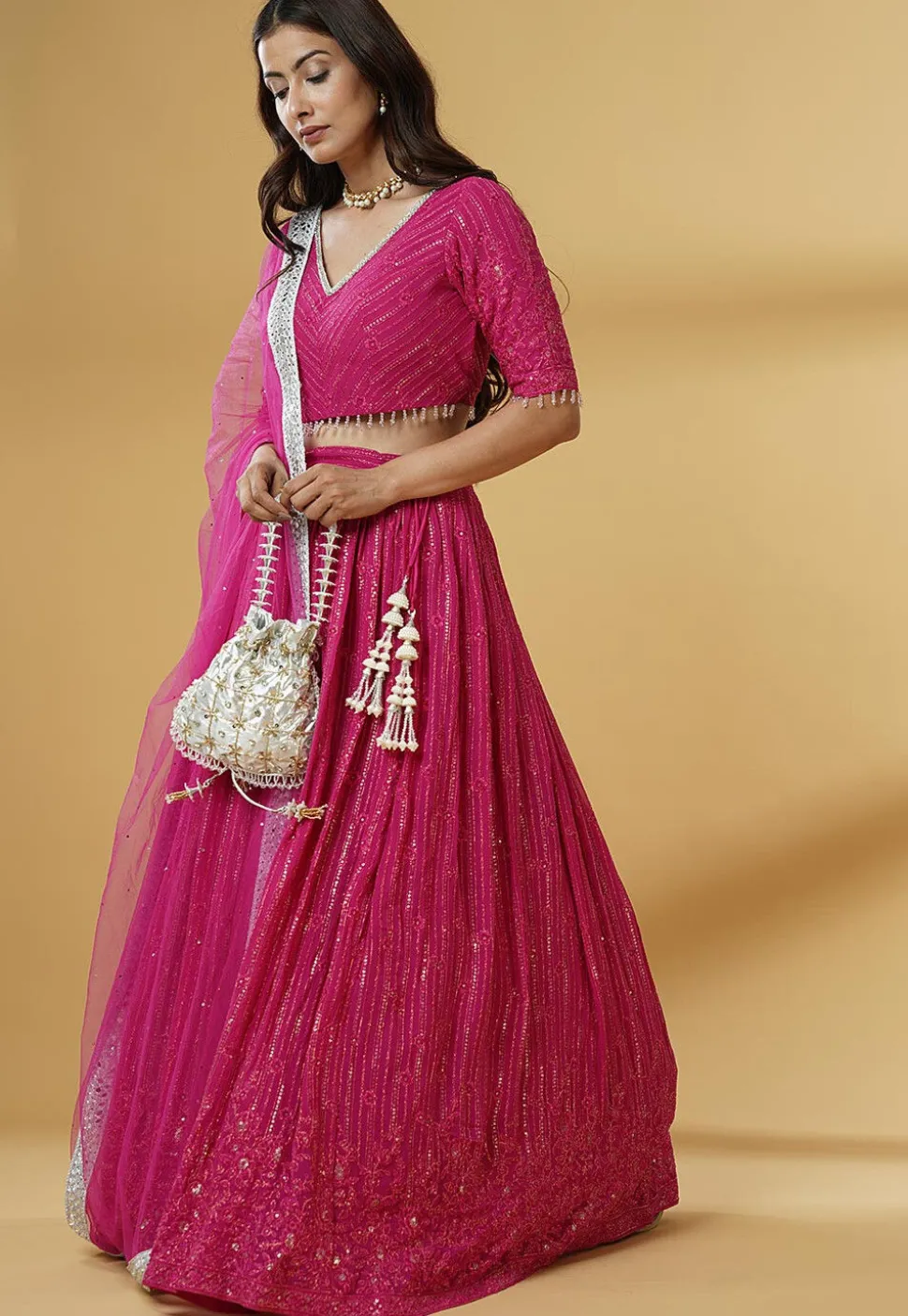 Embroidered Georgette Lehenga in Pink