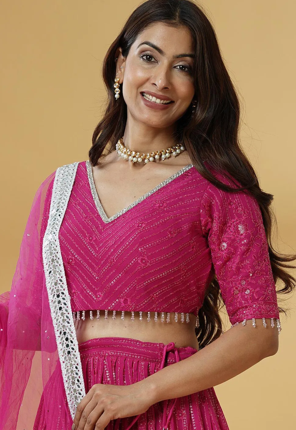 Embroidered Georgette Lehenga in Pink