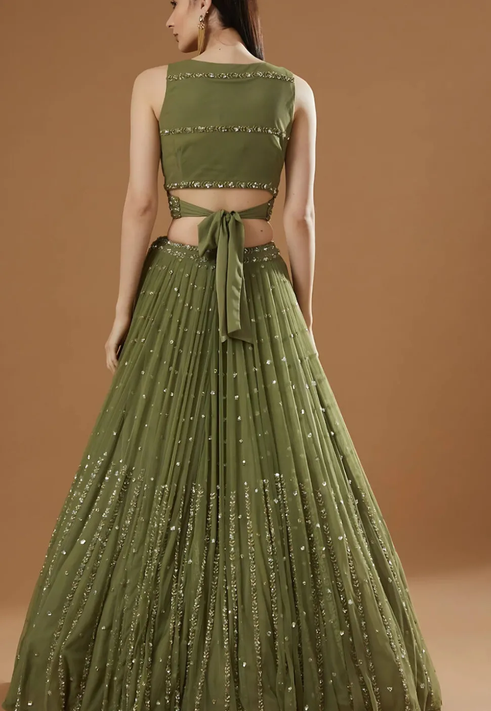 Embroidered Georgette Lehenga in Olive Green