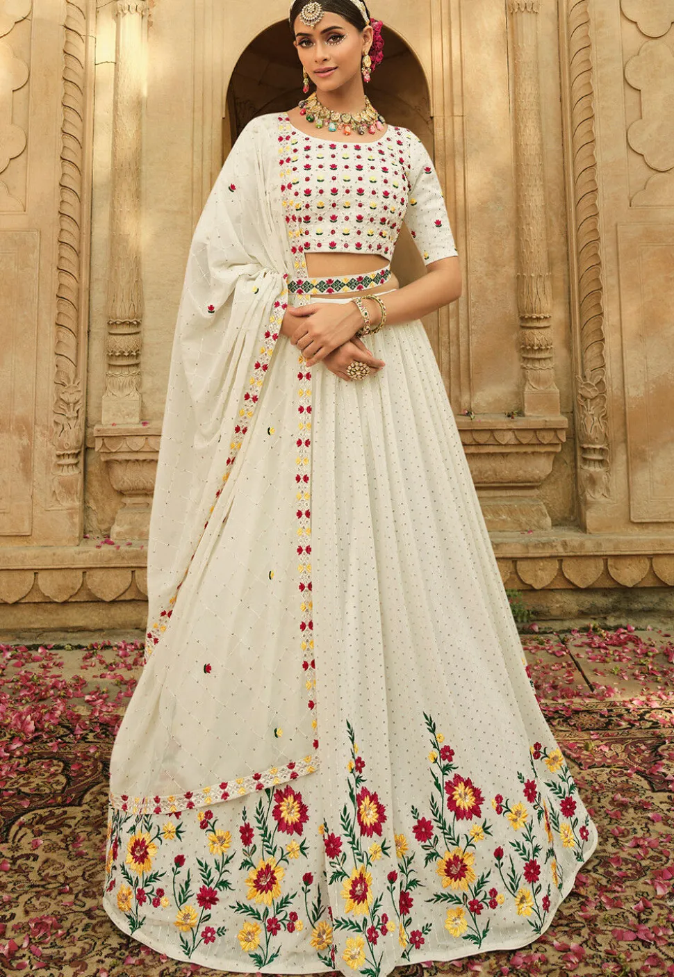 Embroidered Georgette Lehenga in Off White