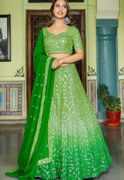 Embroidered Georgette Lehenga in Shaded Green