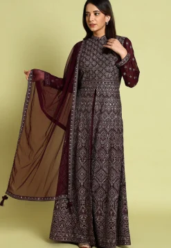 Embroidered Georgette Lehenga in Wine