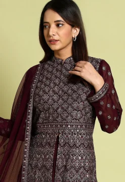 Embroidered Georgette Lehenga in Wine