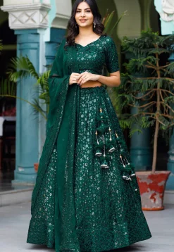 Embroidered Georgette Lehenga in Dark Green