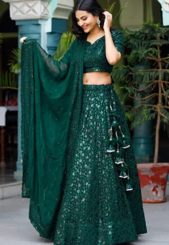Embroidered Georgette Lehenga in Dark Green