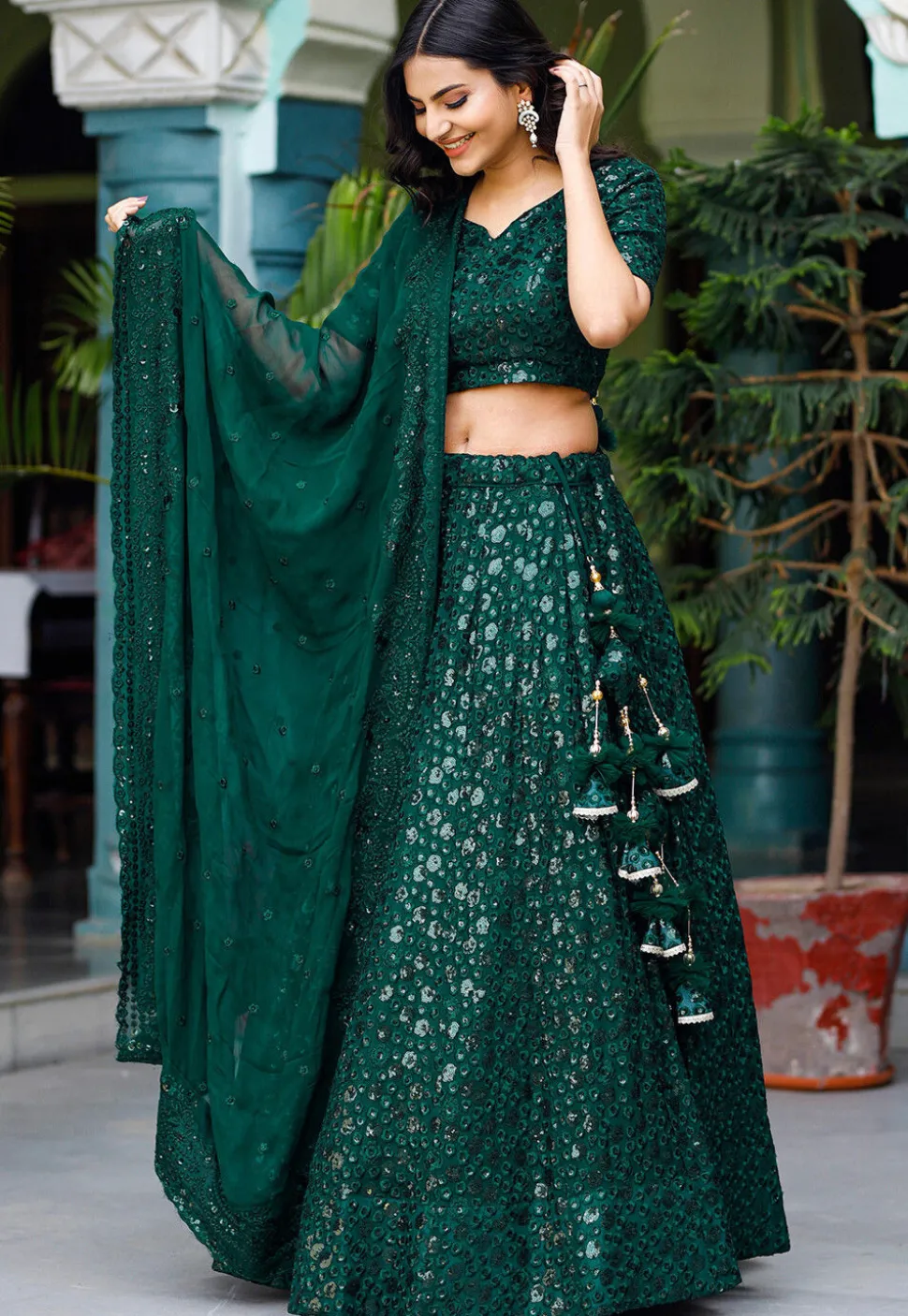 Embroidered Georgette Lehenga in Dark Green