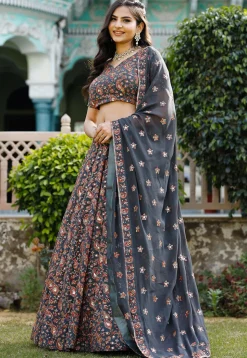 Embroidered Georgette Lehenga in Dark Grey