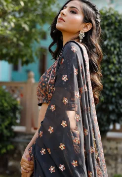 Embroidered Georgette Lehenga in Dark Grey