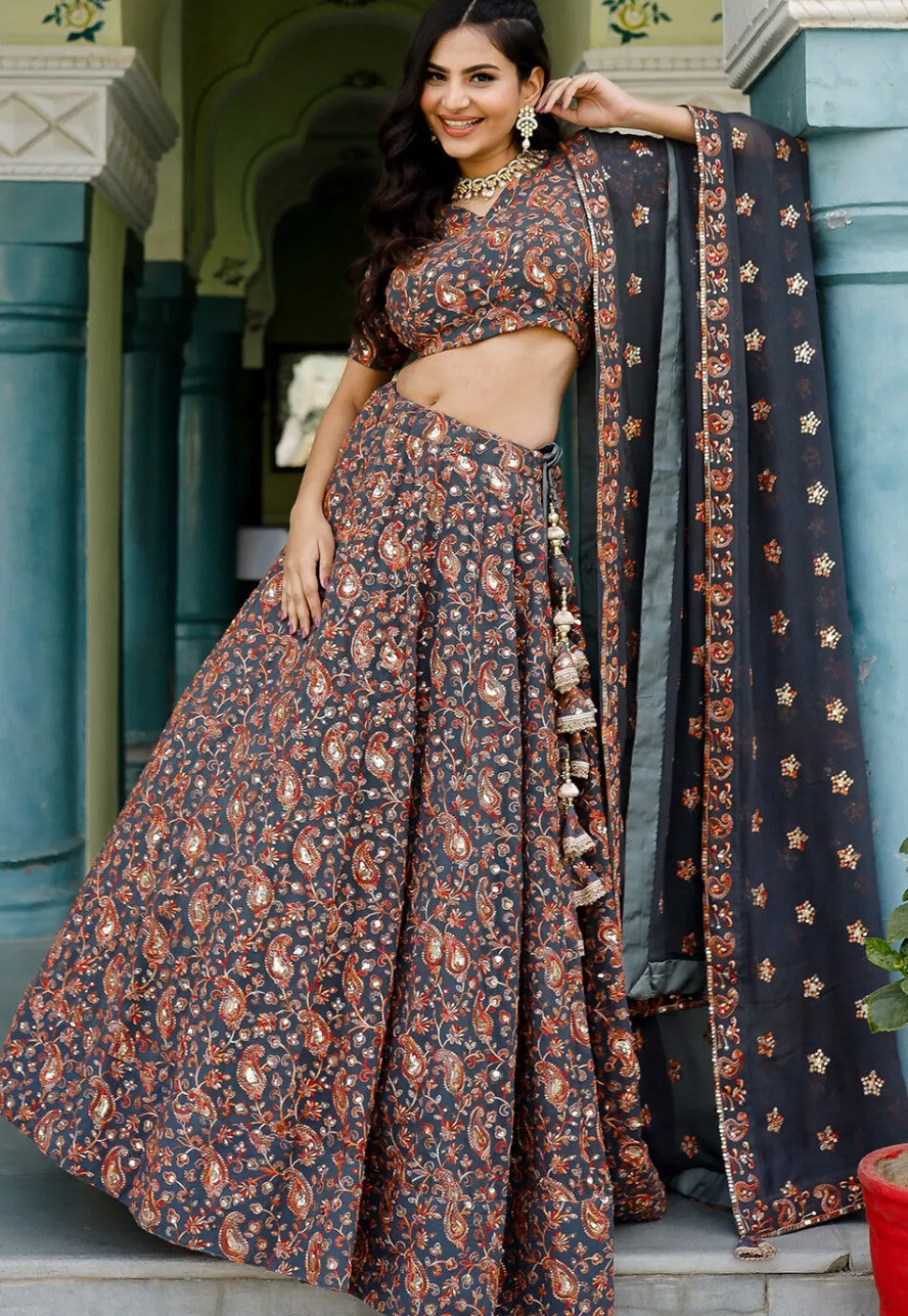 Embroidered Georgette Lehenga in Dark Grey