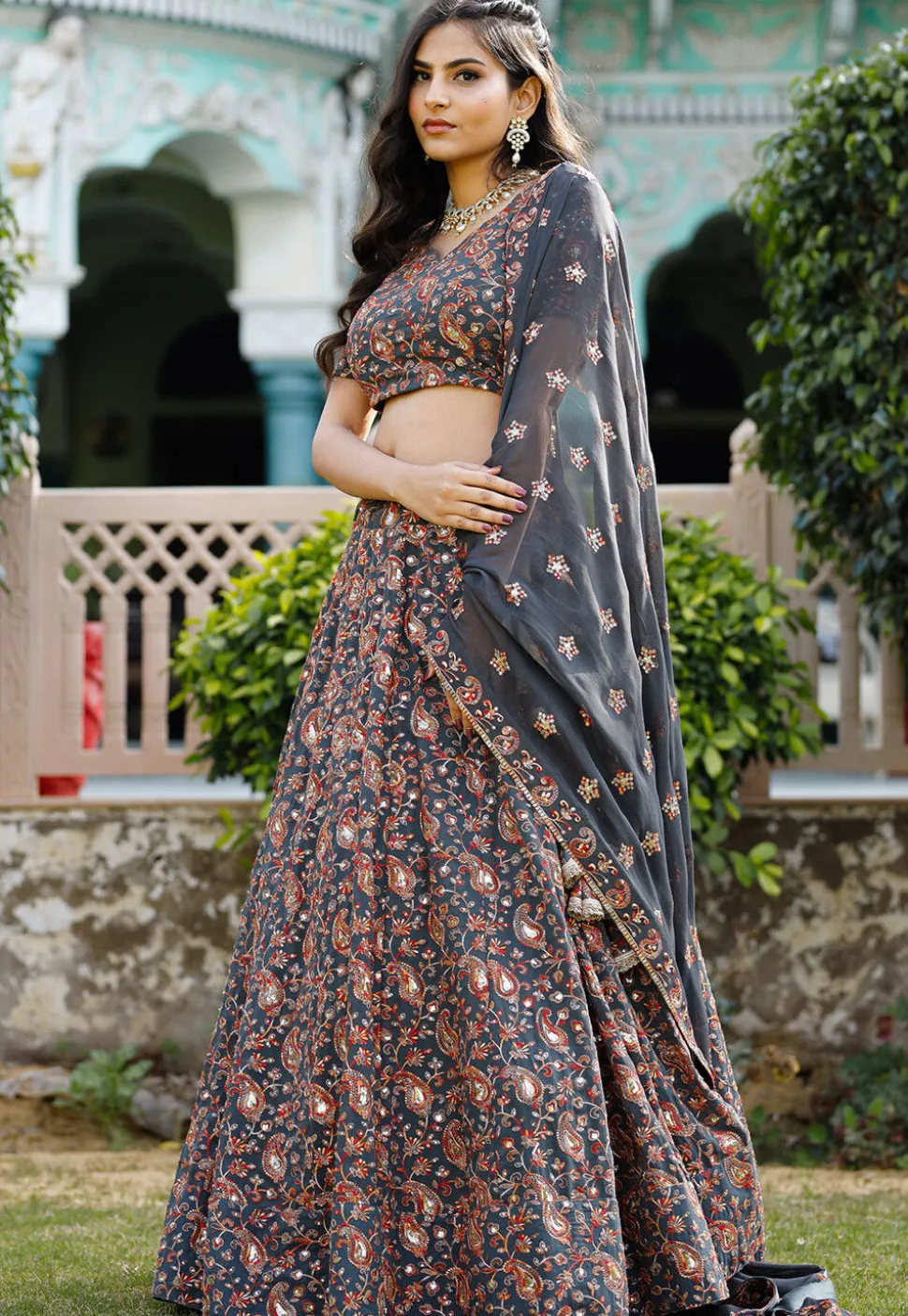 Embroidered Georgette Lehenga in Dark Grey