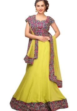Embroidered Georgette Lehenga in Neon Green