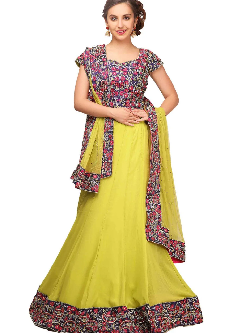 Embroidered Georgette Lehenga in Neon Green