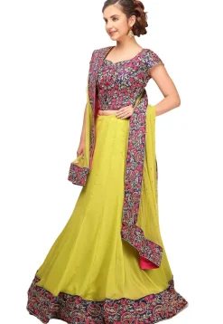 Embroidered Georgette Lehenga in Neon Green