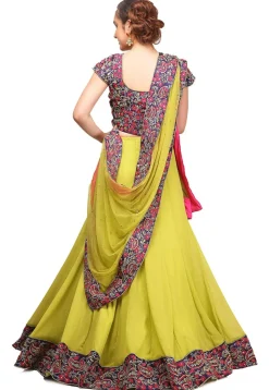 Embroidered Georgette Lehenga in Neon Green