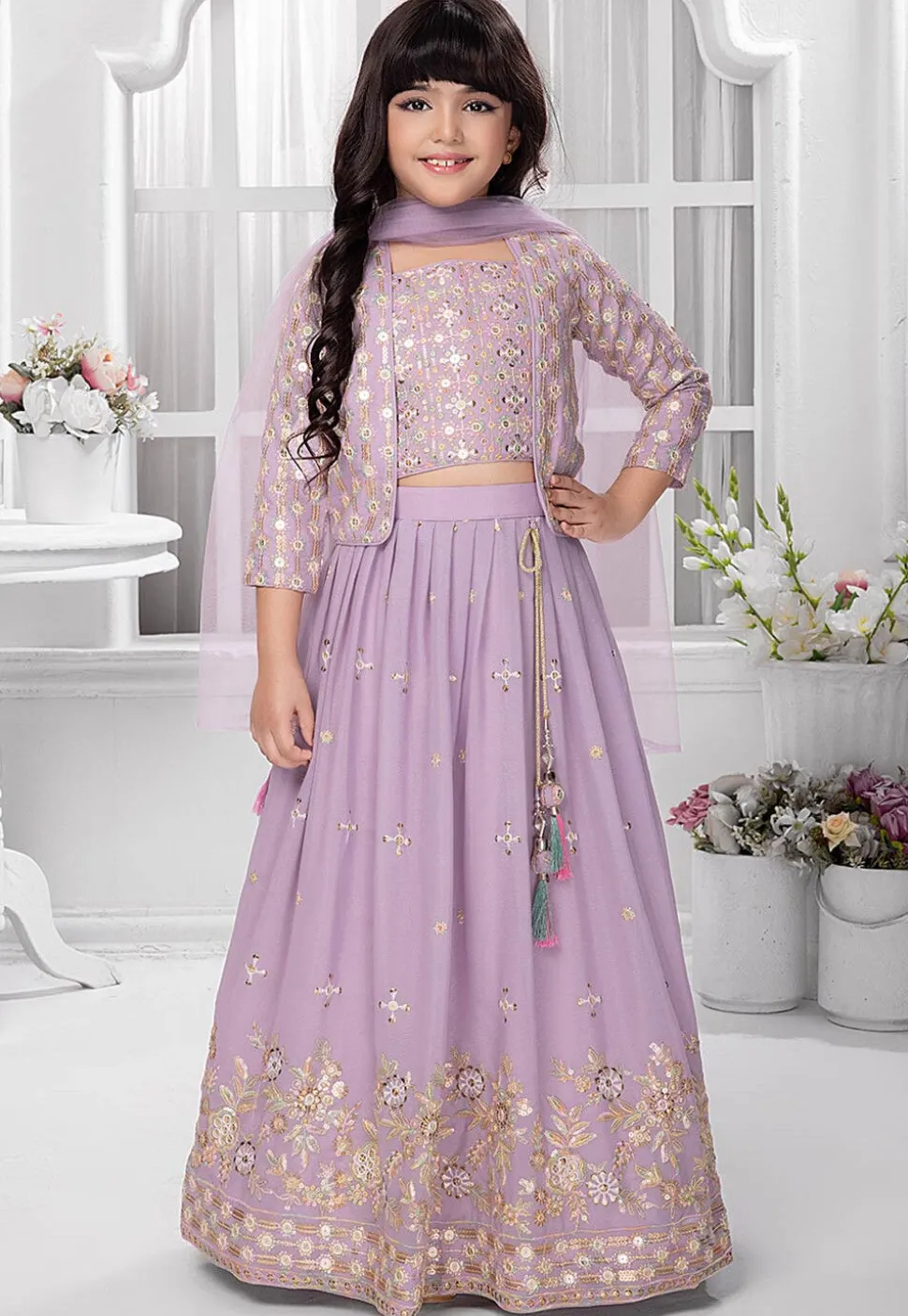 Embroidered Georgette Lehenga in Light Purple