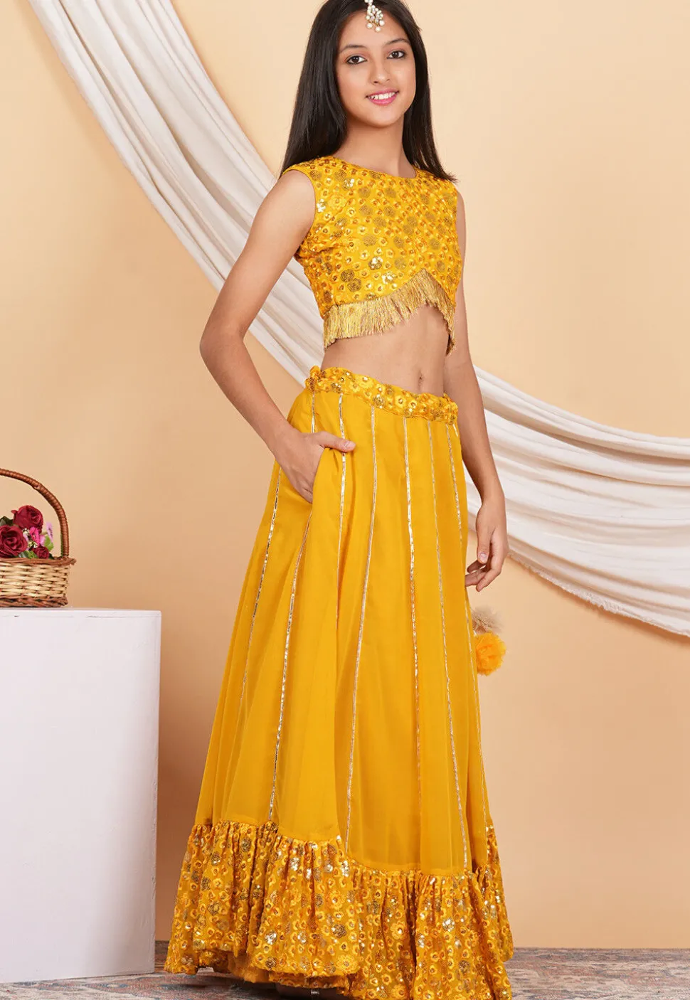 Embroidered Georgette Lehenga in Mustard