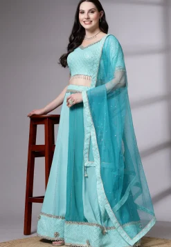 Embroidered Georgette Lehenga in Sky Blue