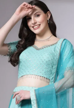 Embroidered Georgette Lehenga in Sky Blue