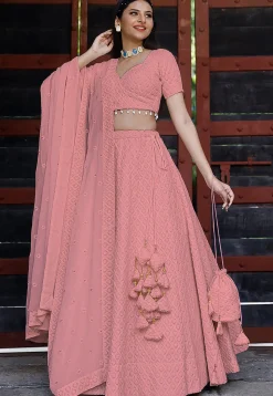 Embroidered Georgette Lehenga in Peach