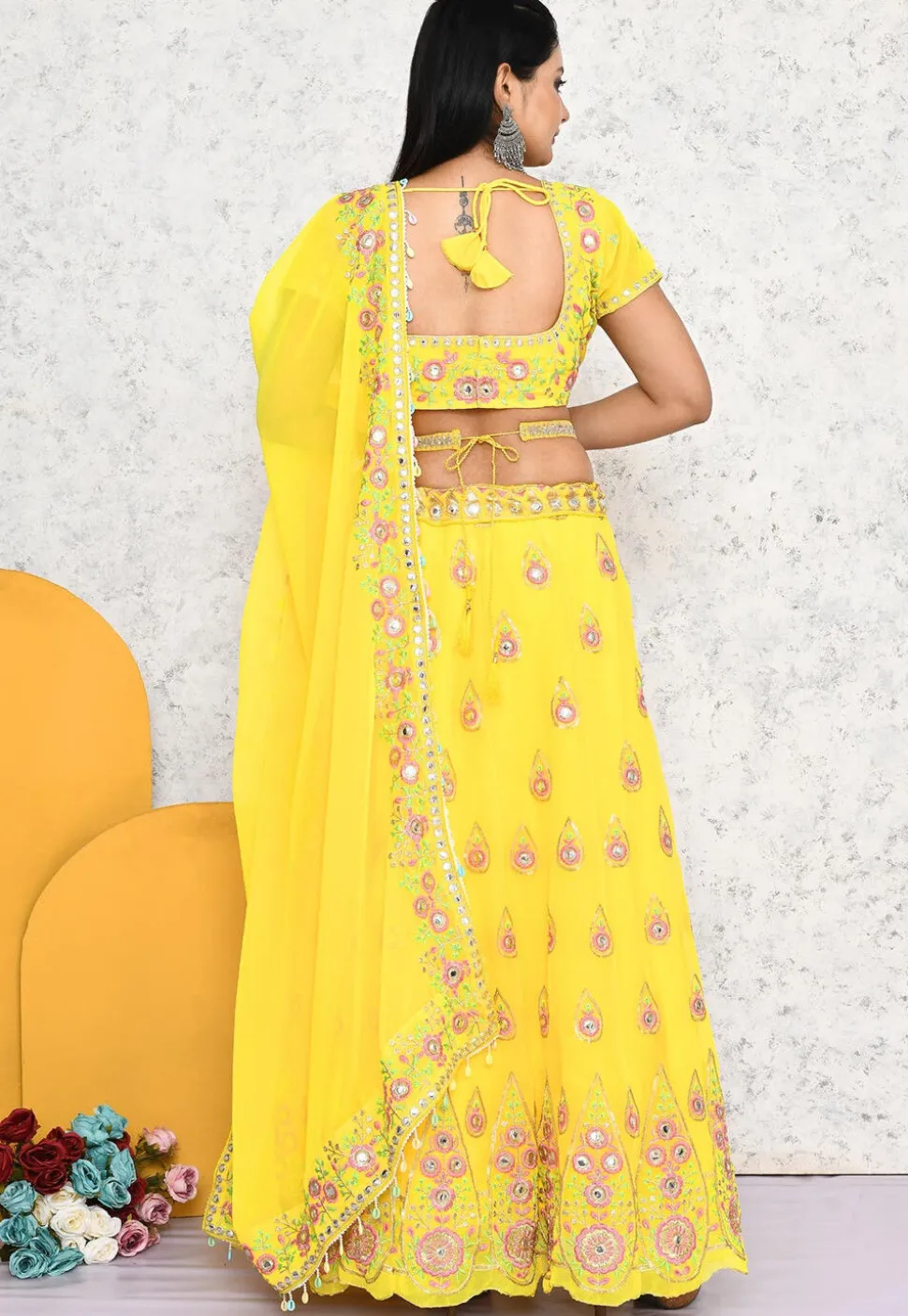 Embroidered Georgette Lehenga in Yellow