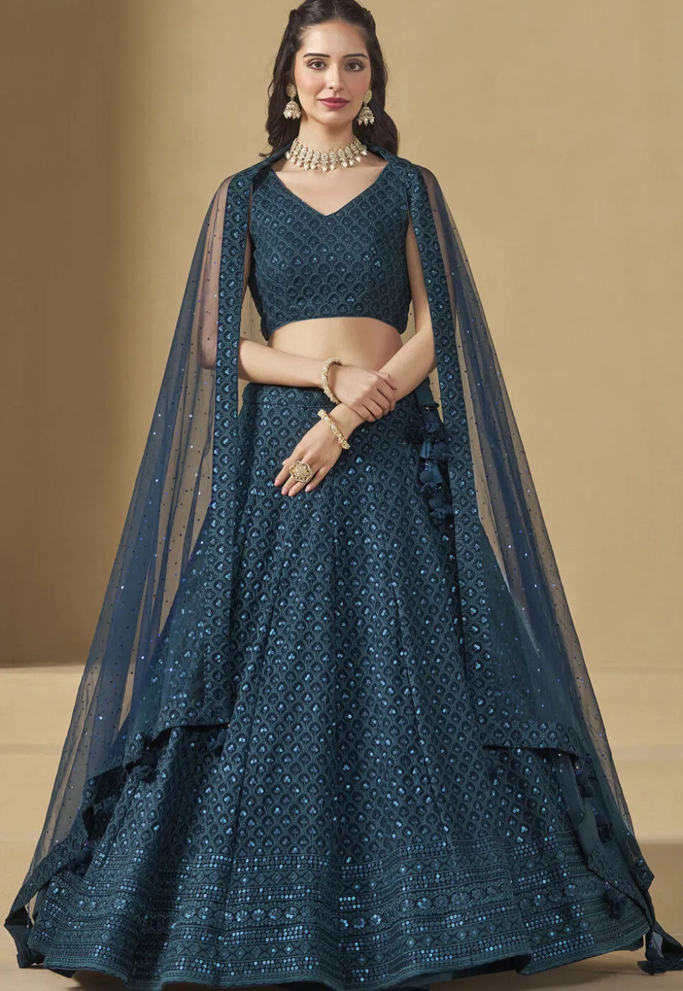 Embroidered Georgette Lehenga in Teal Blue