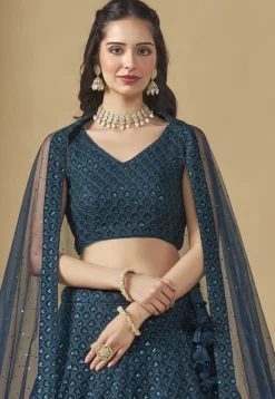 Embroidered Georgette Lehenga in Teal Blue