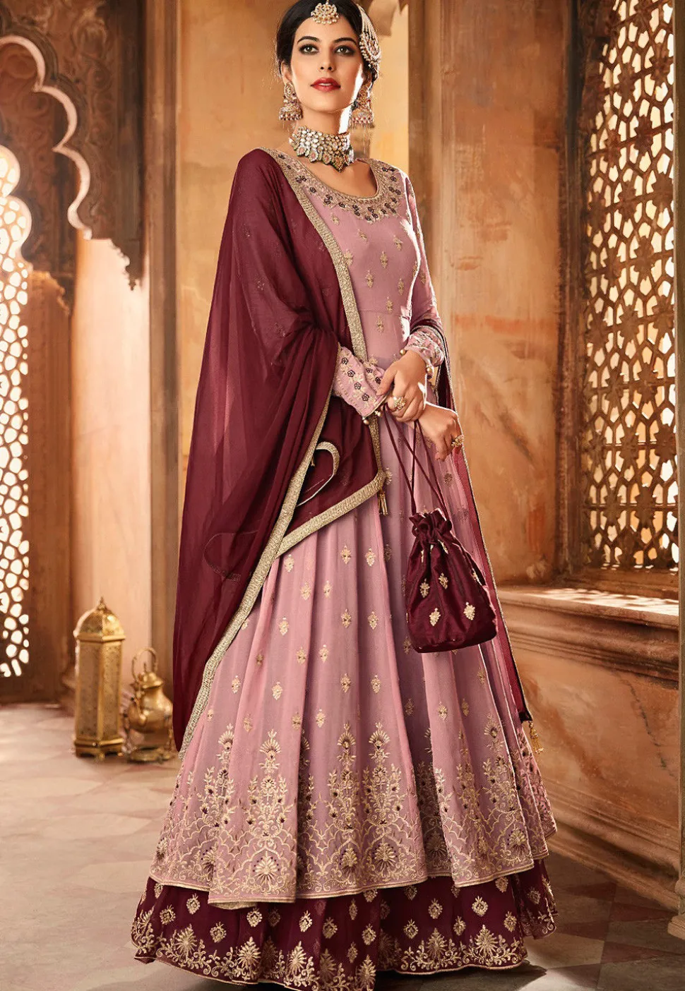 Embroidered Georgette Lehenga in Old Rose