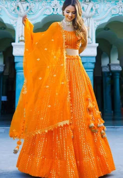 Embroidered Georgette Lehenga in Orange