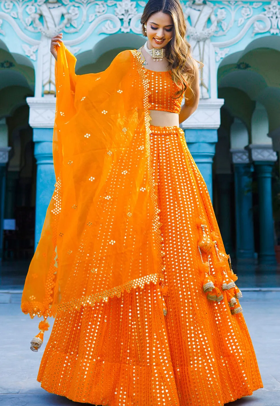 Embroidered Georgette Lehenga in Orange