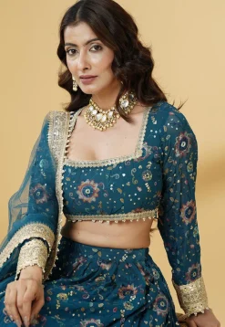 Embroidered Georgette Lehenga in Dusty Blue
