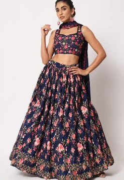 Embroidered Georgette Lehenga in Navy Blue