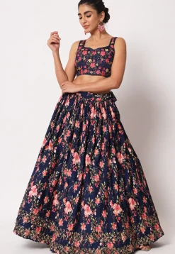 Embroidered Georgette Lehenga in Navy Blue