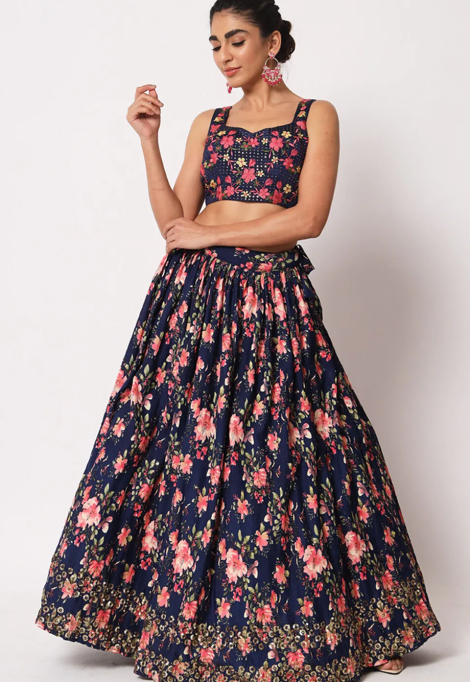 Embroidered Georgette Lehenga in Navy Blue