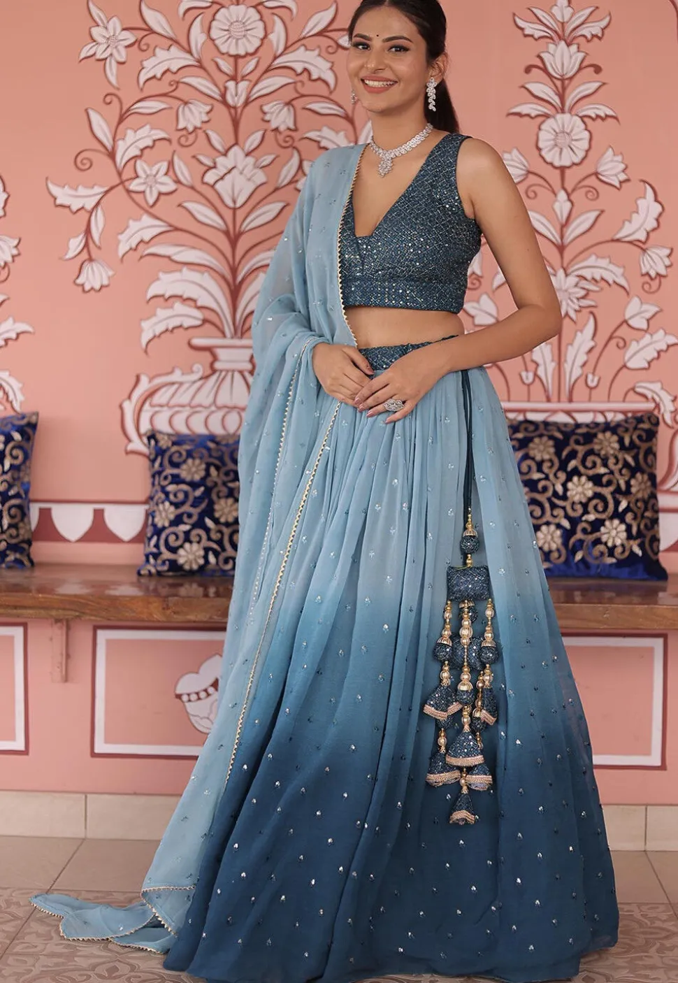 Embroidered Georgette Lehenga in Shaded Blue