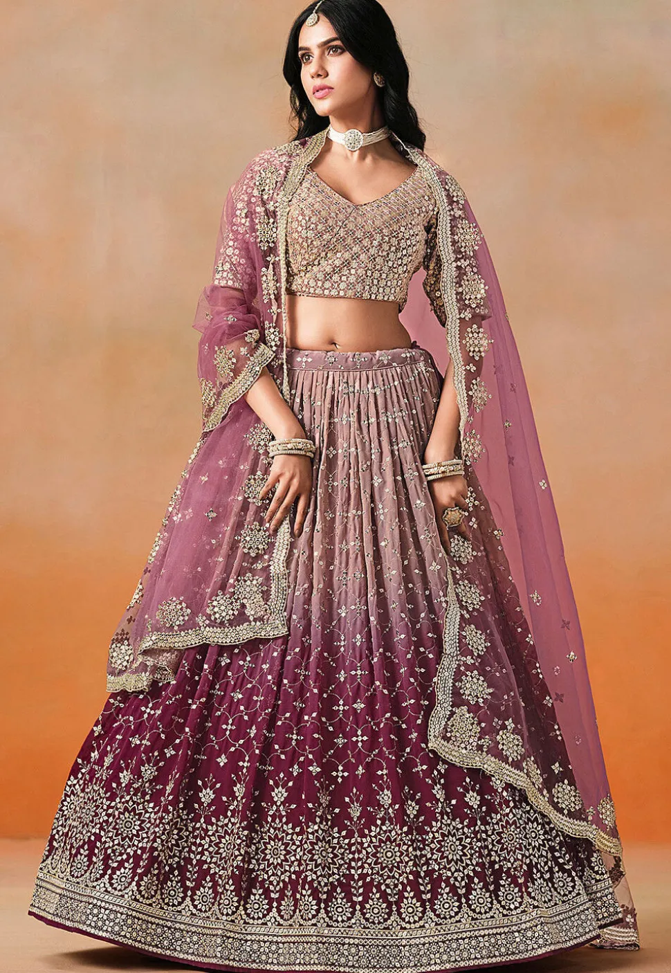 Embroidered Georgette Lehenga in Purple