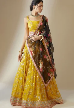 Embroidered Georgette Lehenga in Yellow