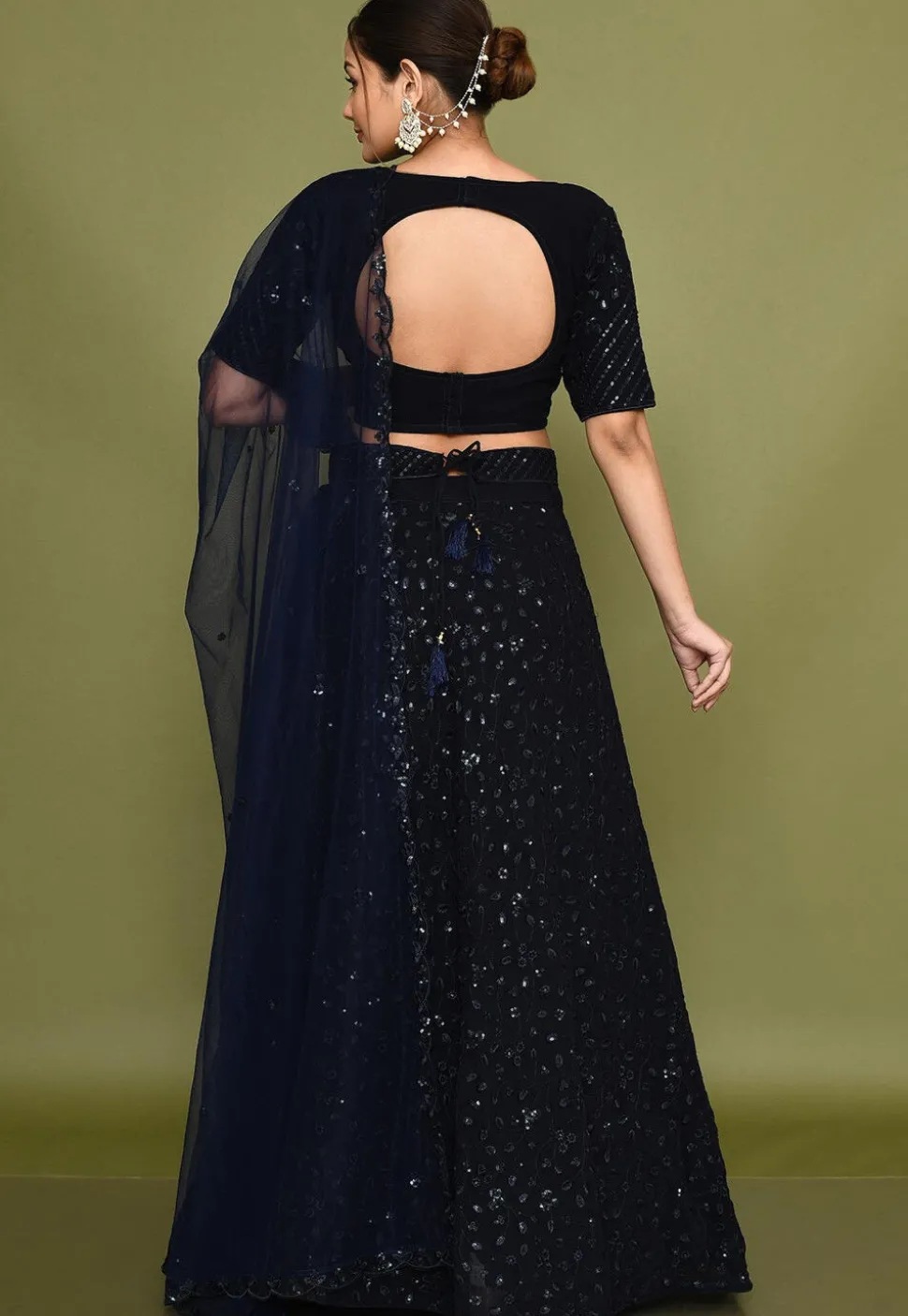 Embroidered Georgette Lehenga in Navy Blue