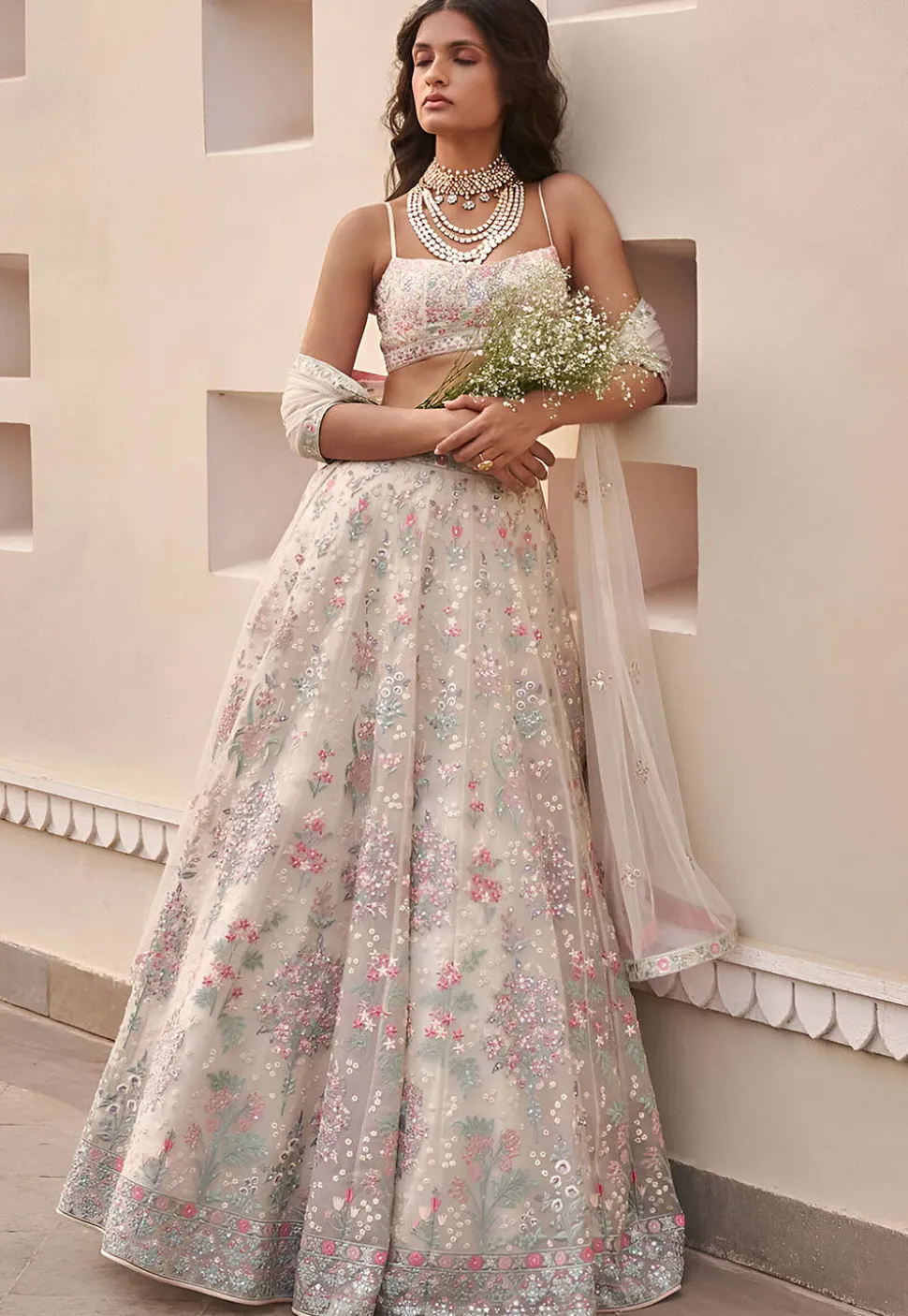 Embroidered Georgette Lehenga in Off White