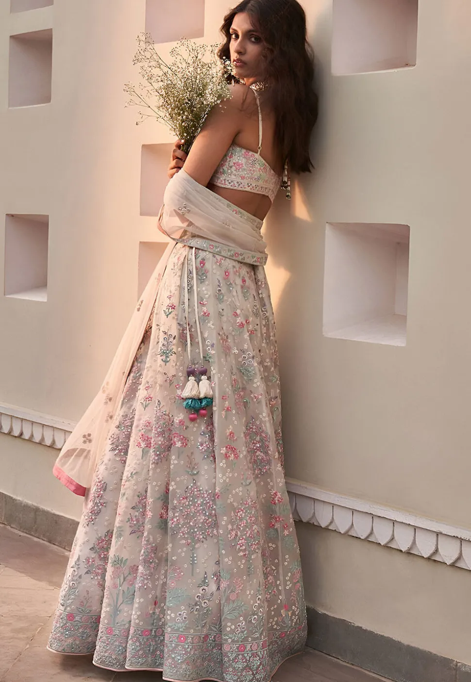 Embroidered Georgette Lehenga in Off White