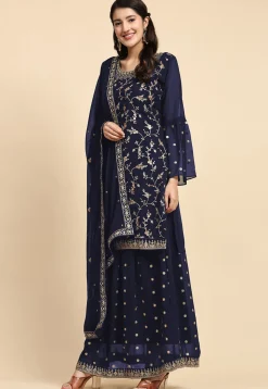 Embroidered Georgette Lehenga in Navy Blue