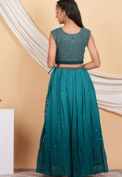 Embroidered Georgette Lehenga in Shaded Teal Blue