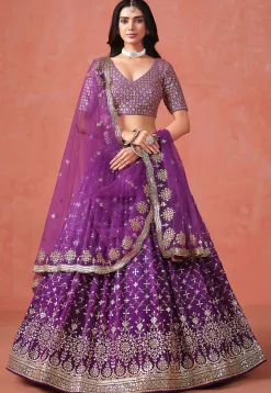 Embroidered Georgette Lehenga in Purple