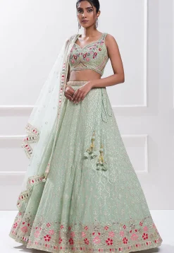 Embroidered Georgette Lehenga in Sea Green