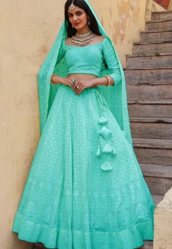 Embroidered Georgette Lehenga in Sea Green