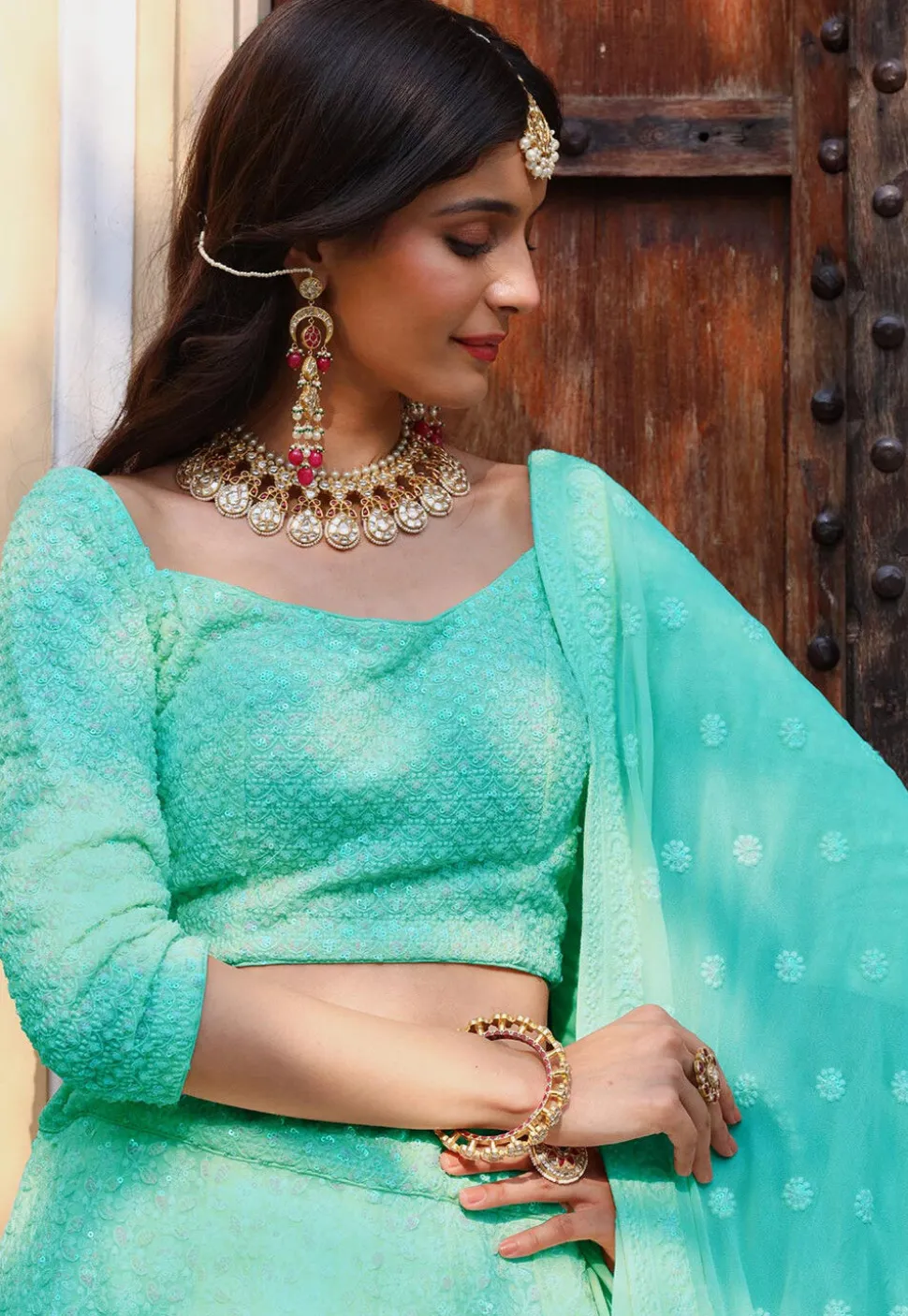 Embroidered Georgette Lehenga in Sea Green